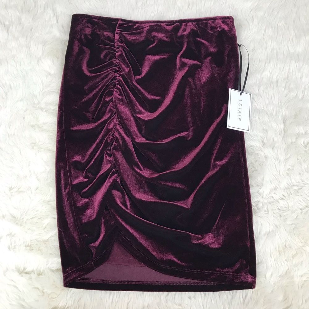 1. STATE Velvet Mini Skirt XS Burgundy Pencil Ruched Red Vampy Whimsigoth